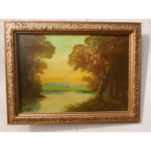 Paysage G.merle 19ème Huile Sur Toile