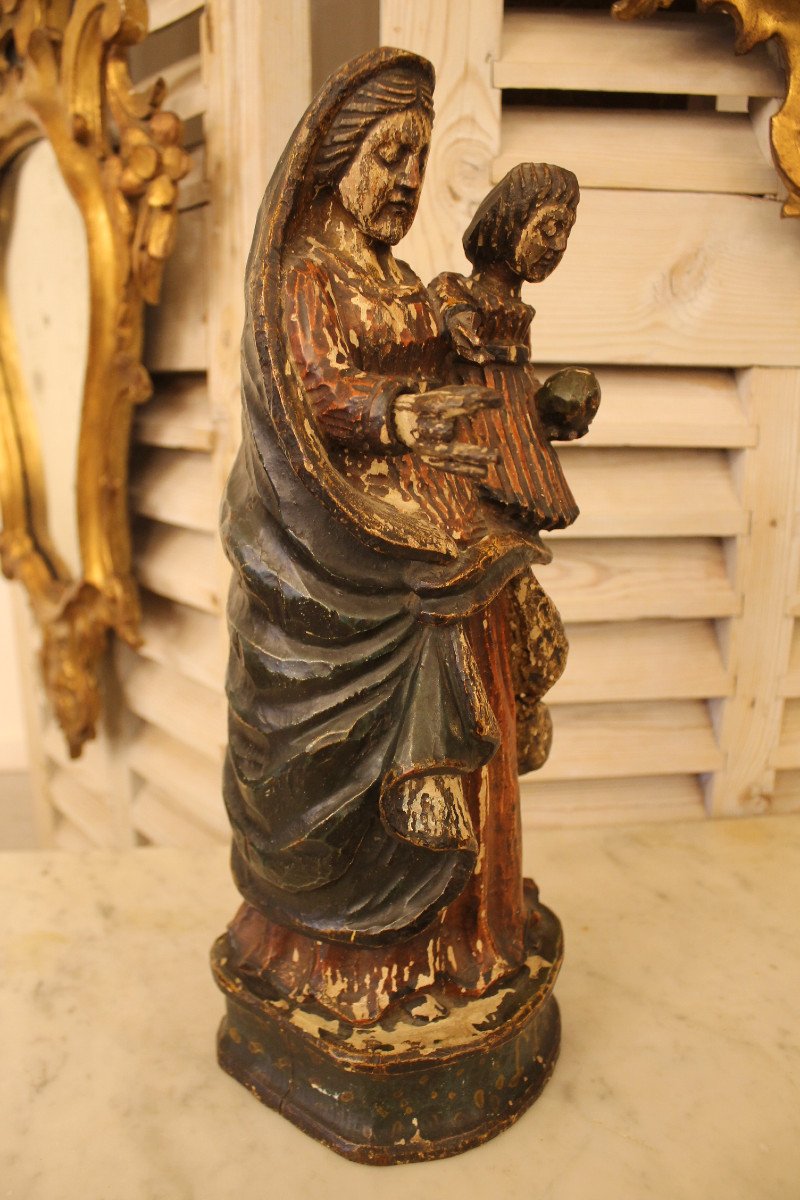 Vierge à l'Enfant En Bois Sculpté Et Polychromé, époque XIXème Siècle-photo-2
