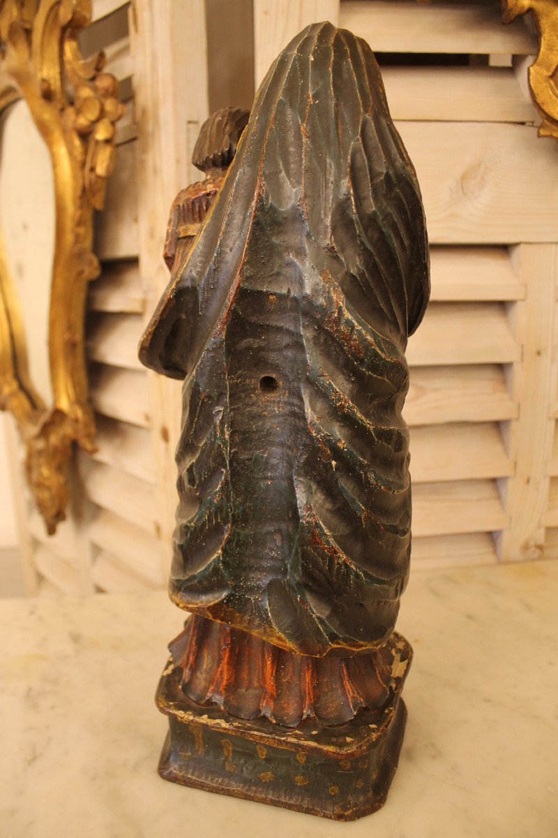 Vierge à l'Enfant En Bois Sculpté Et Polychromé, époque XIXème Siècle-photo-3