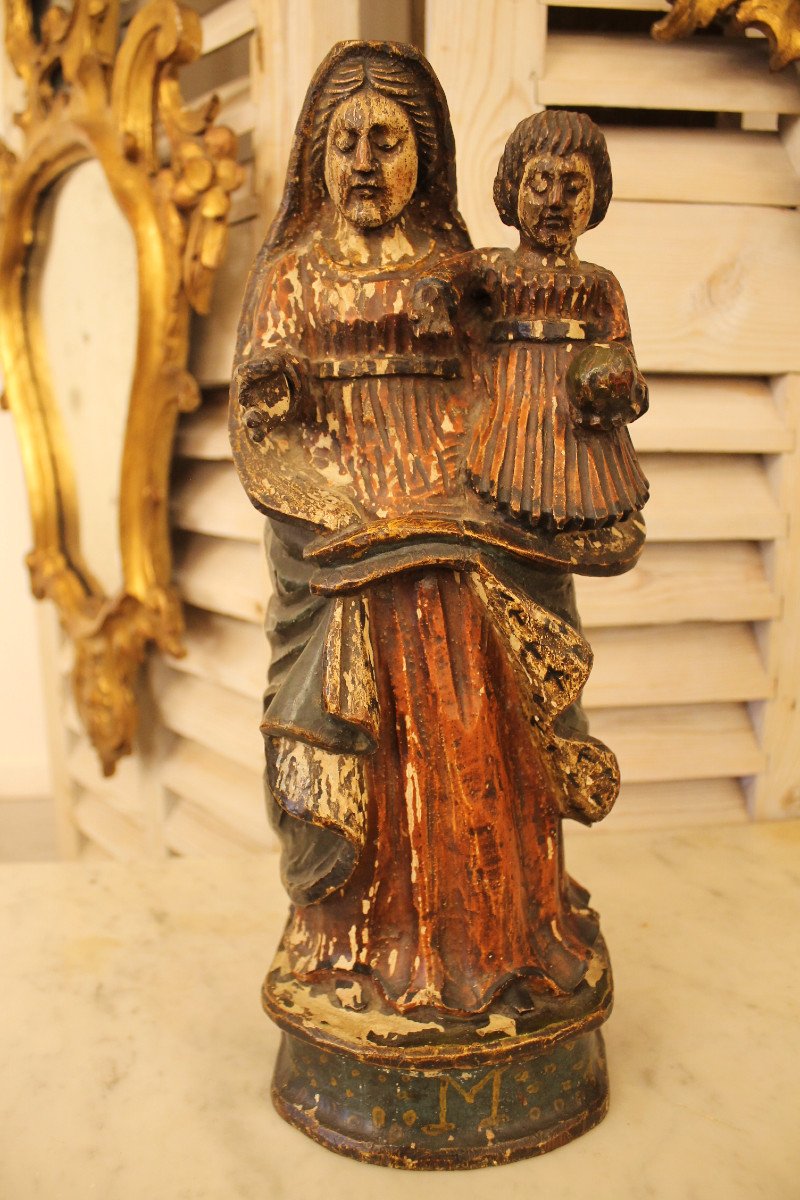 Vierge à l'Enfant En Bois Sculpté Et Polychromé, époque XIXème Siècle-photo-1