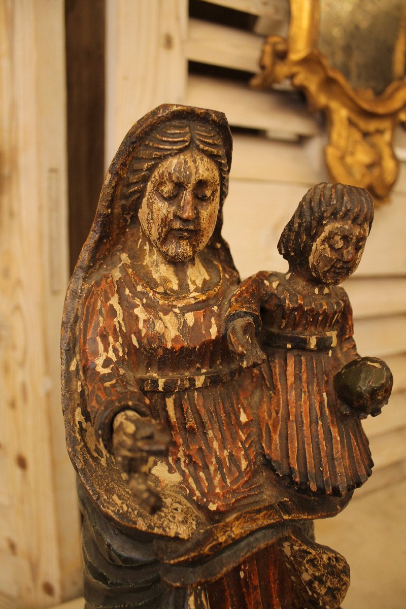 Vierge à l'Enfant En Bois Sculpté Et Polychromé, époque XIXème Siècle-photo-3