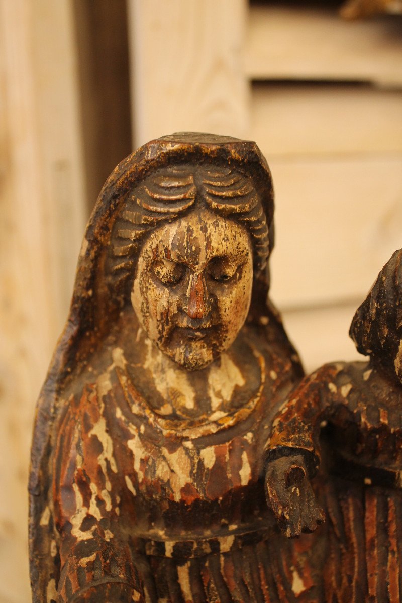 Vierge à l'Enfant En Bois Sculpté Et Polychromé, époque XIXème Siècle-photo-4