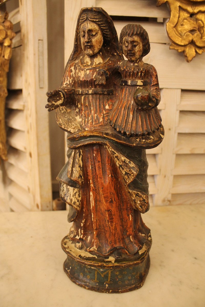 Vierge à l'Enfant En Bois Sculpté Et Polychromé, époque XIXème Siècle