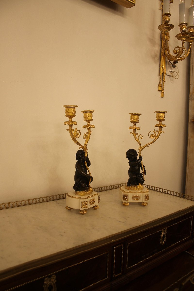 Pair Of Small Candlesticks With Putti In Gilt And Patinated Bronze, Louis XVI Style, XIXth Century-photo-7