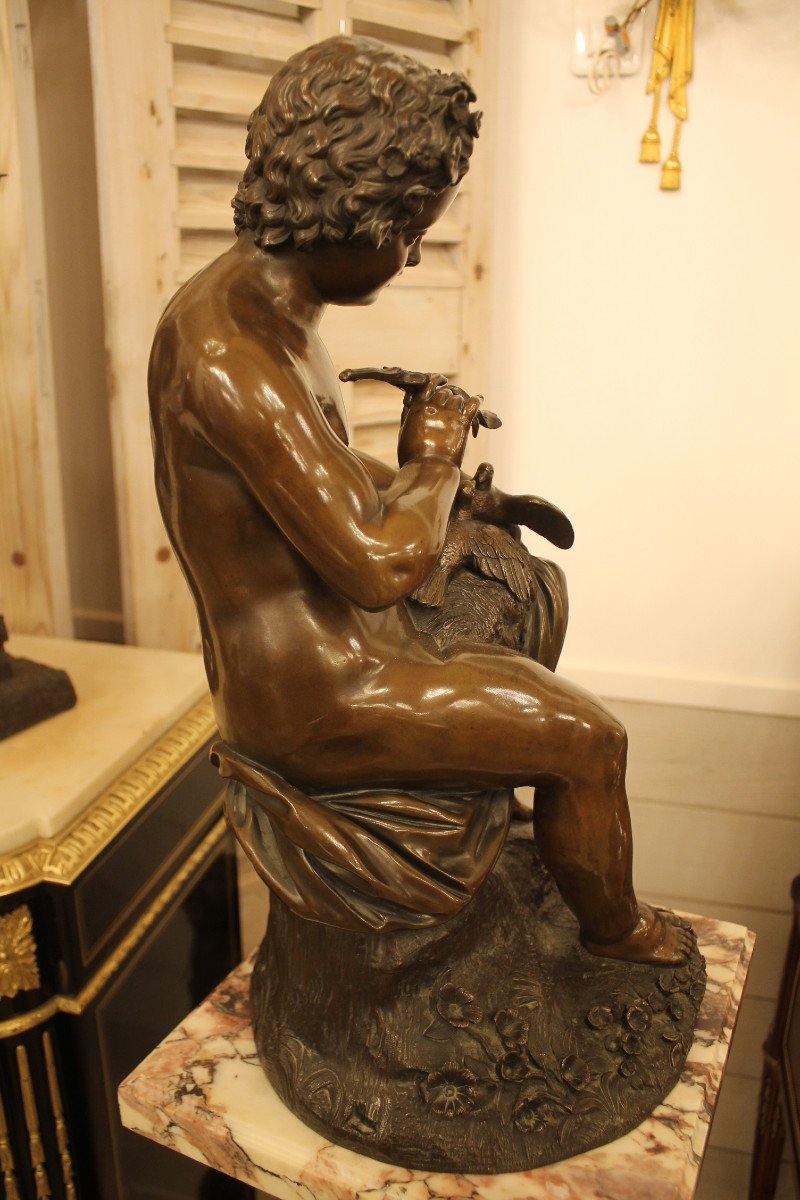 VENOT Cyprien François (1808-1886) Putto Aux Tourterelles, Bronze-photo-1
