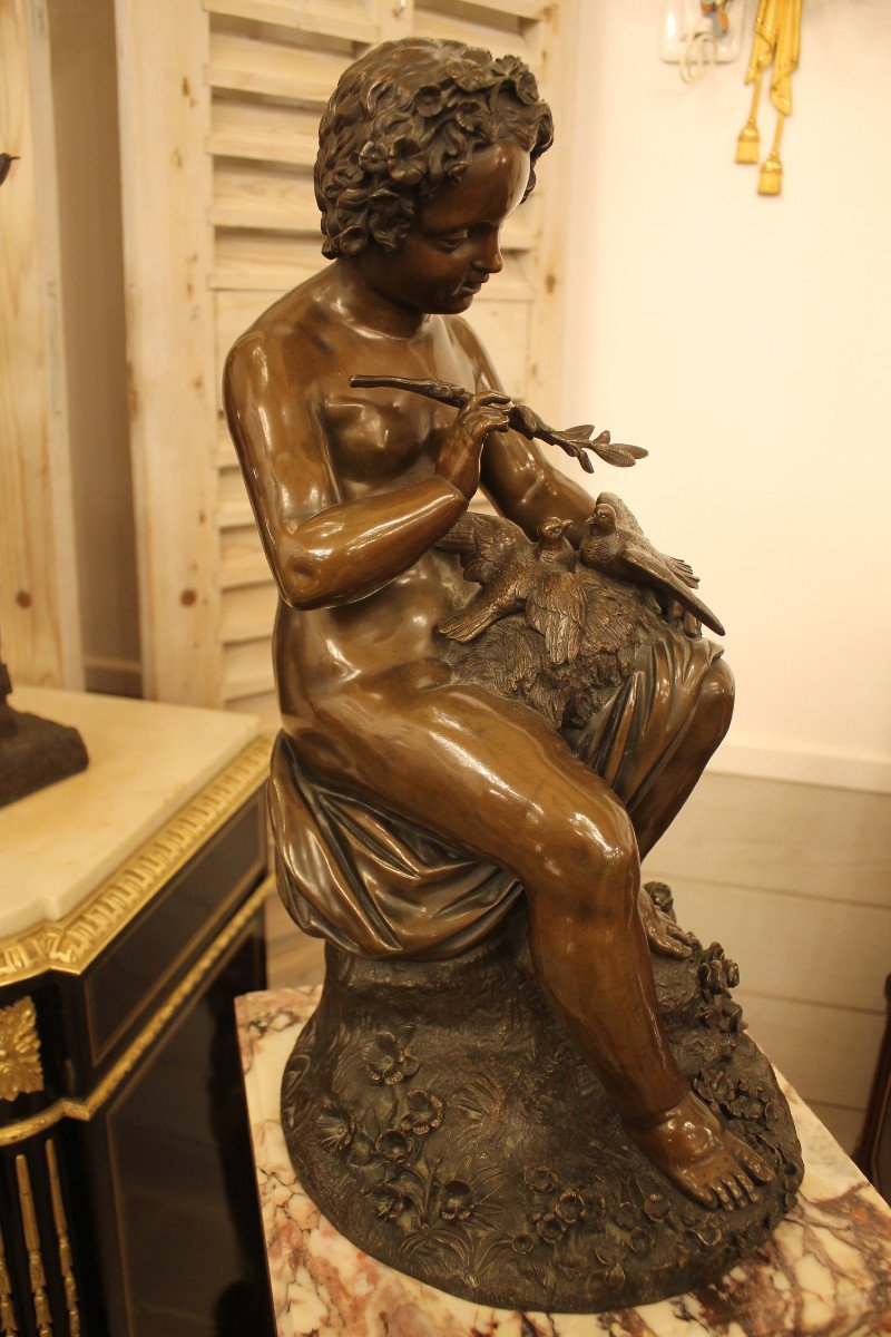 Venot Cyprien François (1808-1886) Putto With Doves, Bronze-photo-2