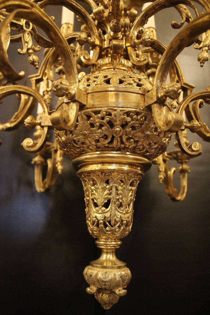 Neo-gothic Style Gilt Bronze Chandelier With 18 Lights, Mid-19th Century-photo-3