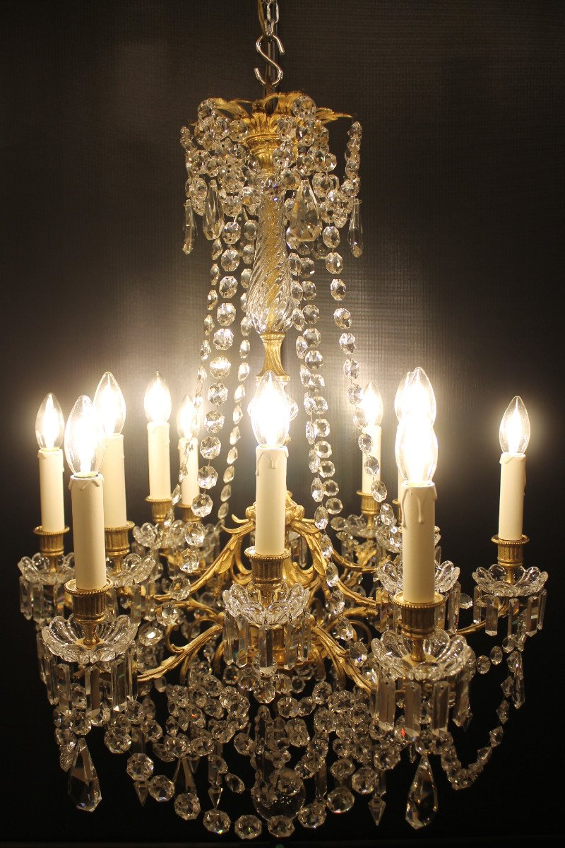 Lustre En Bronze Doré Et Cristal à Douze Feux, époque Napoléon III