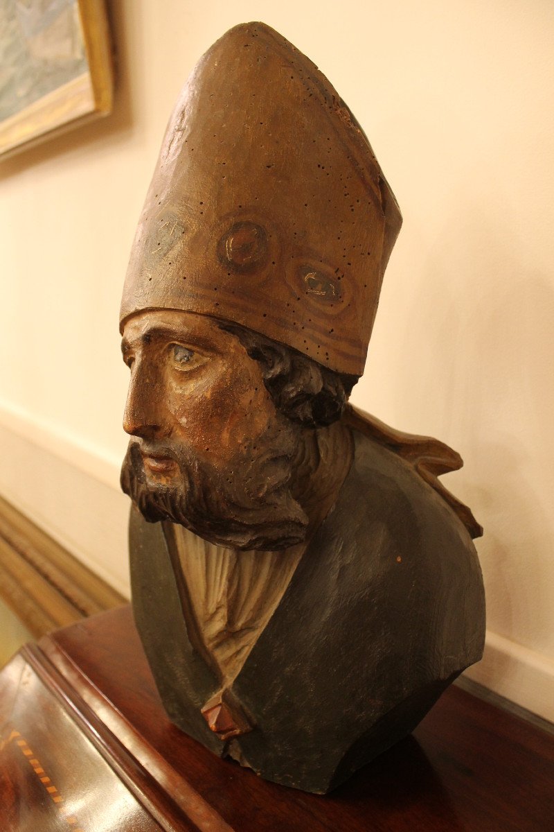 Buste De Saint Eloi En Bois Sculpté Poychrome, époque XVIIIème Siècle.-photo-2