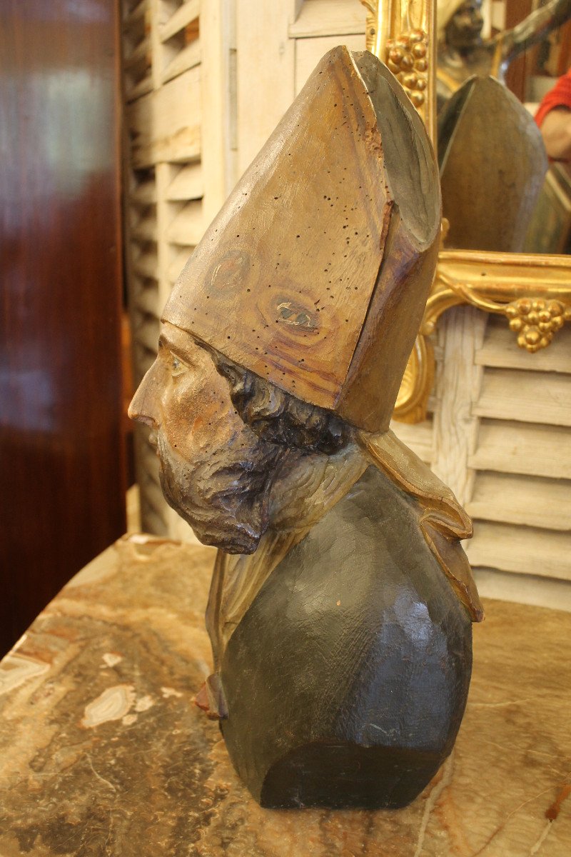 Buste De Saint Eloi En Bois Sculpté Poychrome, époque XVIIIème Siècle.-photo-4