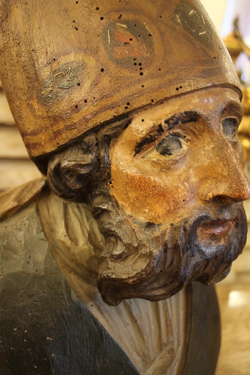 Buste De Saint Eloi En Bois Sculpté Poychrome, époque XVIIIème Siècle.-photo-5