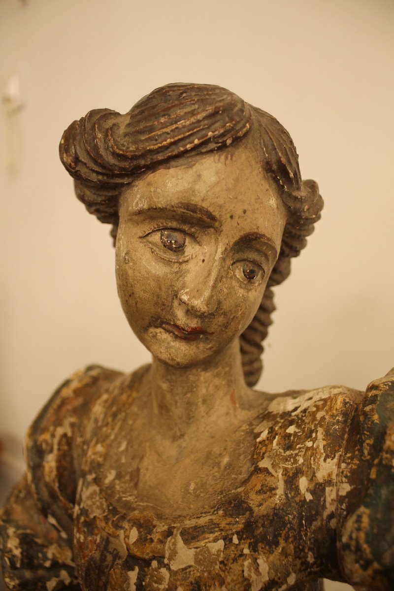 Jeune Femme En Armure, Sculpture En Bois Polychrome, époque XVIIe Siècle-photo-4
