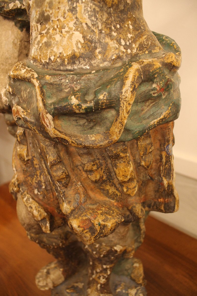Jeune Femme En Armure, Sculpture En Bois Polychrome, époque XVIIe Siècle-photo-1