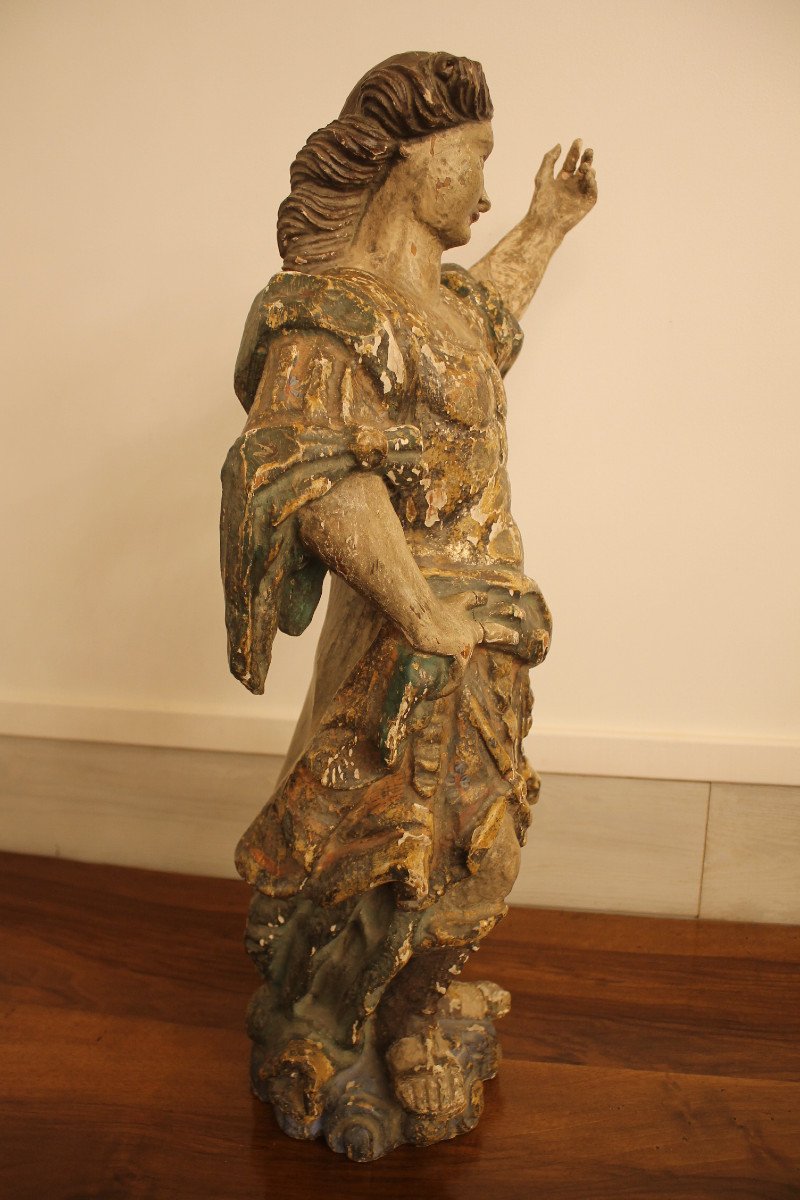 Jeune Femme En Armure, Sculpture En Bois Polychrome, époque XVIIe Siècle-photo-2
