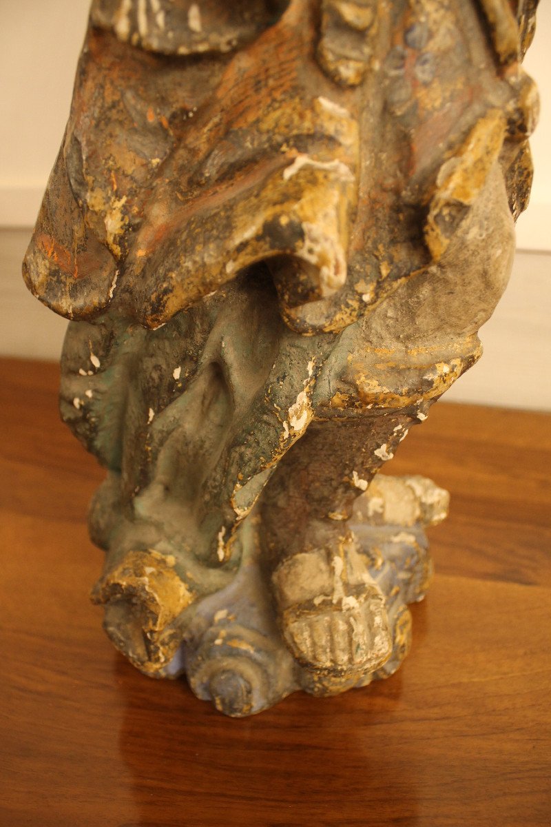 Jeune Femme En Armure, Sculpture En Bois Polychrome, époque XVIIe Siècle-photo-3