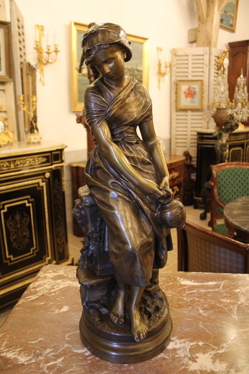 Moreau Mathurin (1822-1912) - Jeune Fille à La Cruche, Grande Sculpture En Bronze