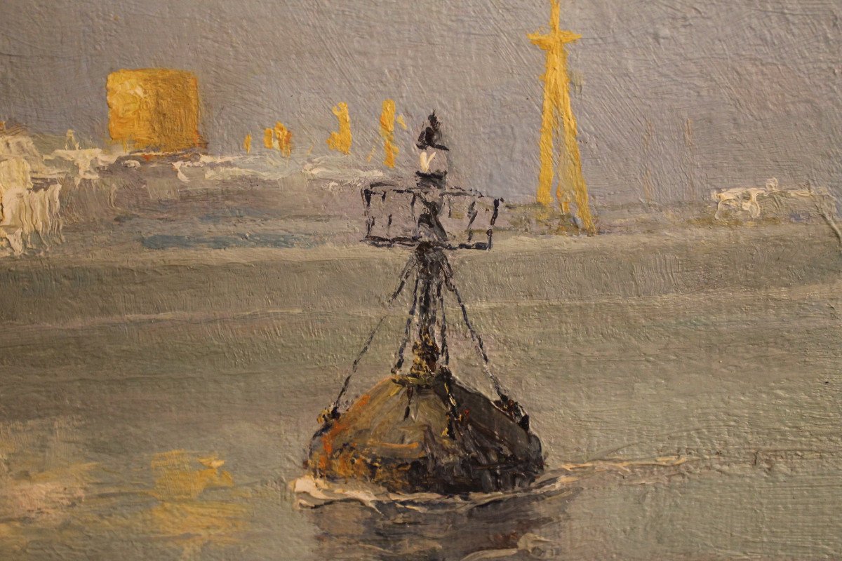 Royon Louis (1882-1968) Cargo And Sailboat Near The Buoy -photo-4