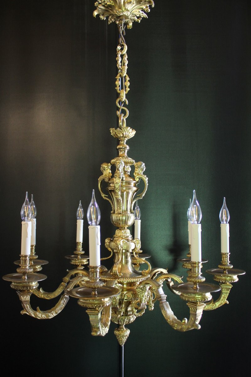 Lustre Mazarin En Bronze Doré à 8 Feux, circa 1900-photo-2