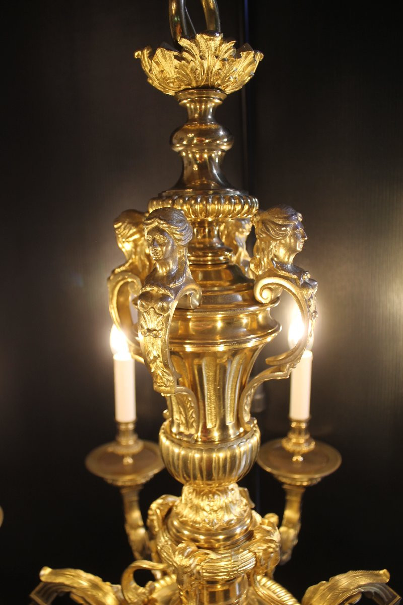 Lustre Mazarin En Bronze Doré à 8 Feux, circa 1900-photo-1