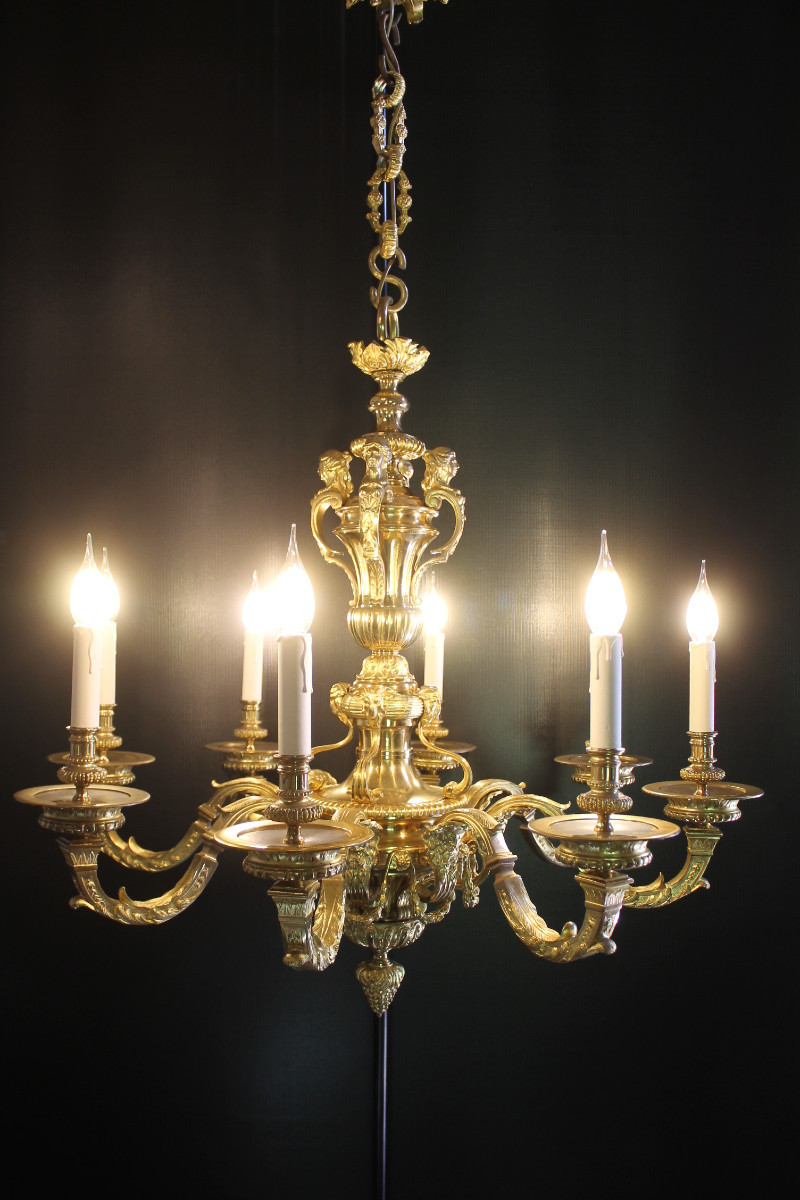 Lustre Mazarin En Bronze Doré à 8 Feux, circa 1900