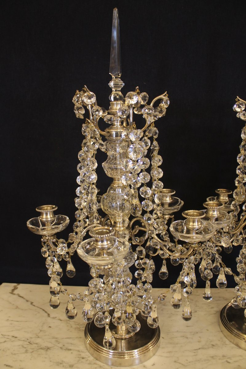 Baccarat - Pair Of Silvered Bronze And Crystal Girandoles, Late 19th Century-photo-3