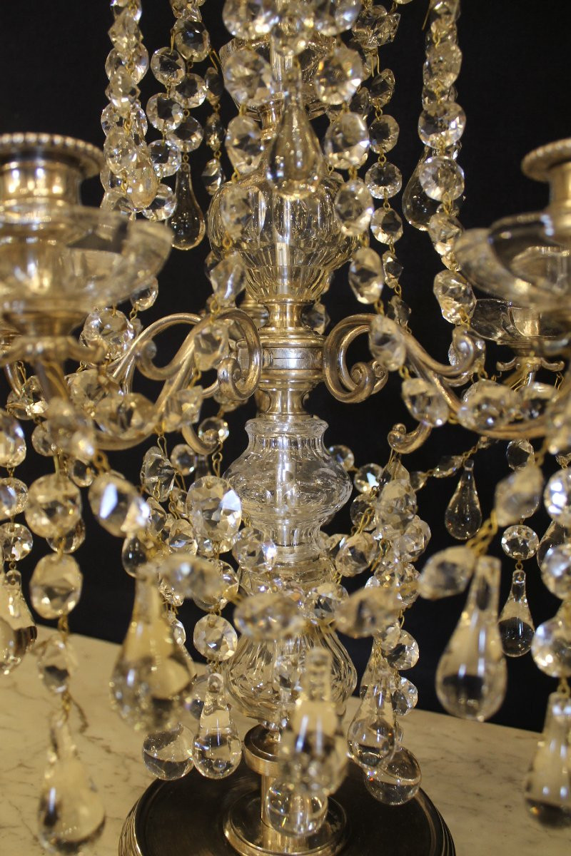Baccarat - Pair Of Silvered Bronze And Crystal Girandoles, Late 19th Century-photo-2