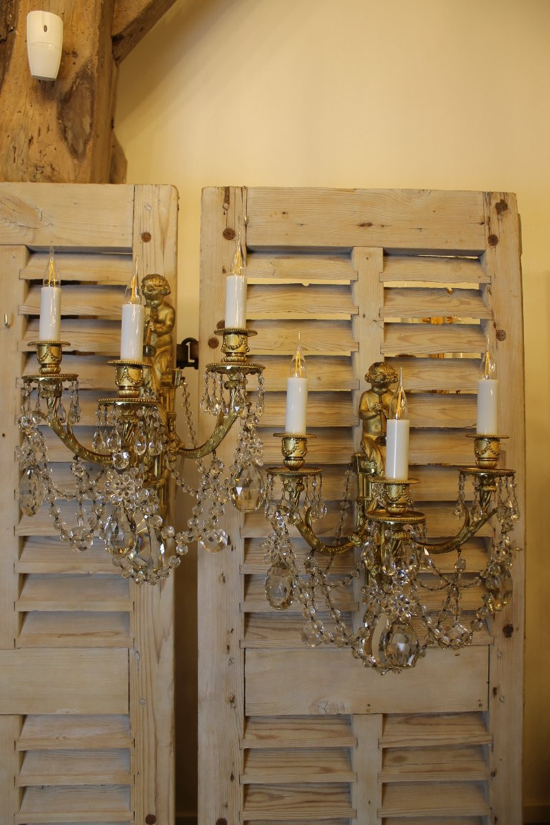 Paire d'appliques au satyre à la trompette en bronze et cristal, époque Napoléon III-photo-2