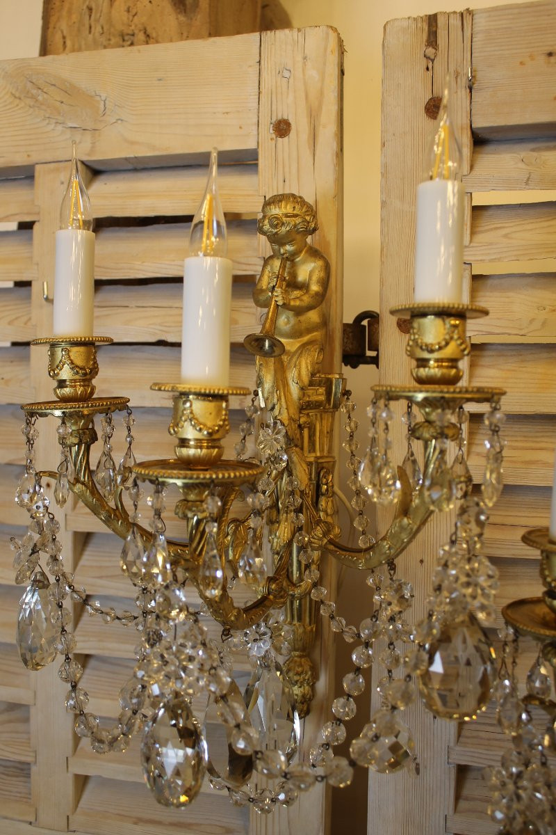 Paire d'appliques au satyre à la trompette en bronze et cristal, époque Napoléon III-photo-4