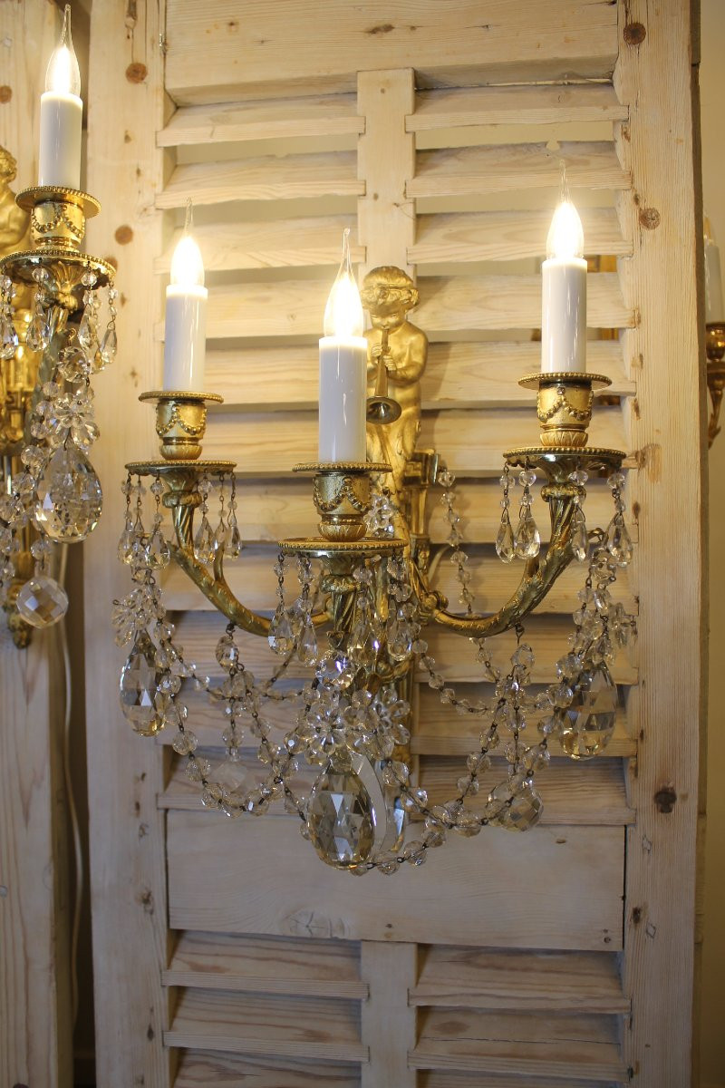 Paire d'appliques au satyre à la trompette en bronze et cristal, époque Napoléon III-photo-2