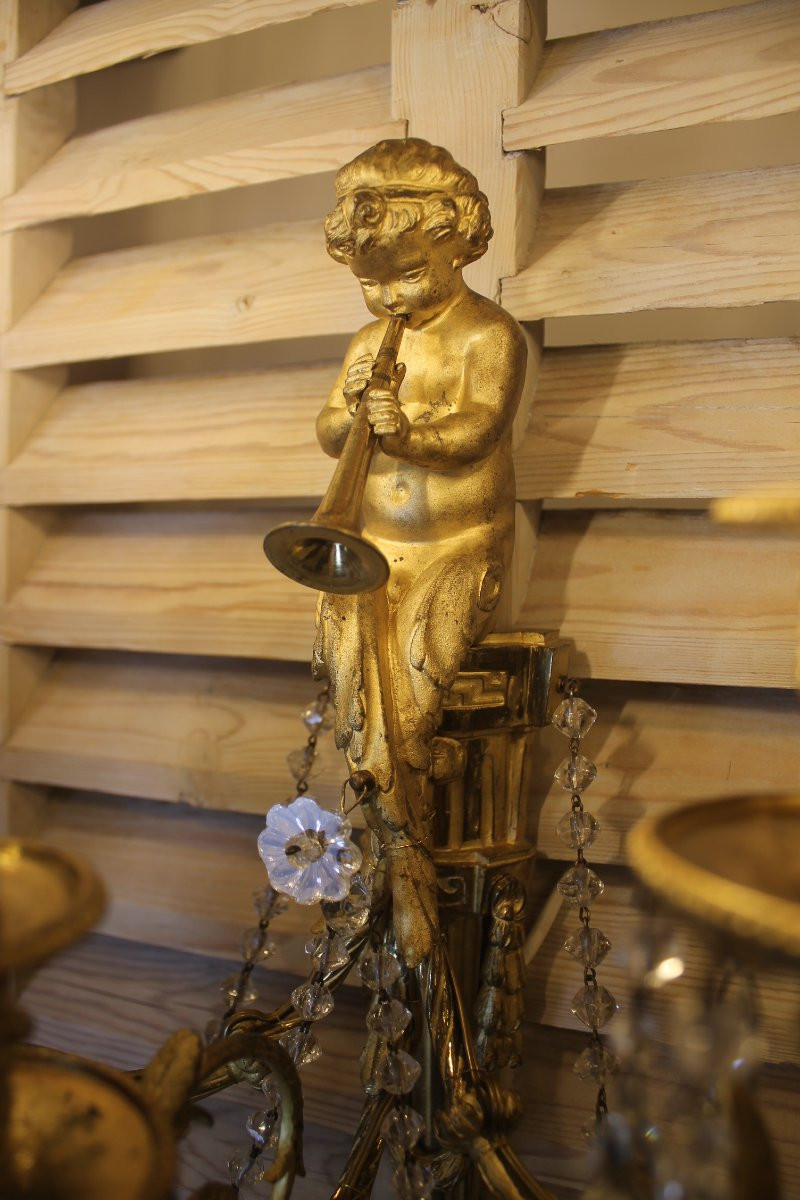 Paire d'appliques au satyre à la trompette en bronze et cristal, époque Napoléon III-photo-3
