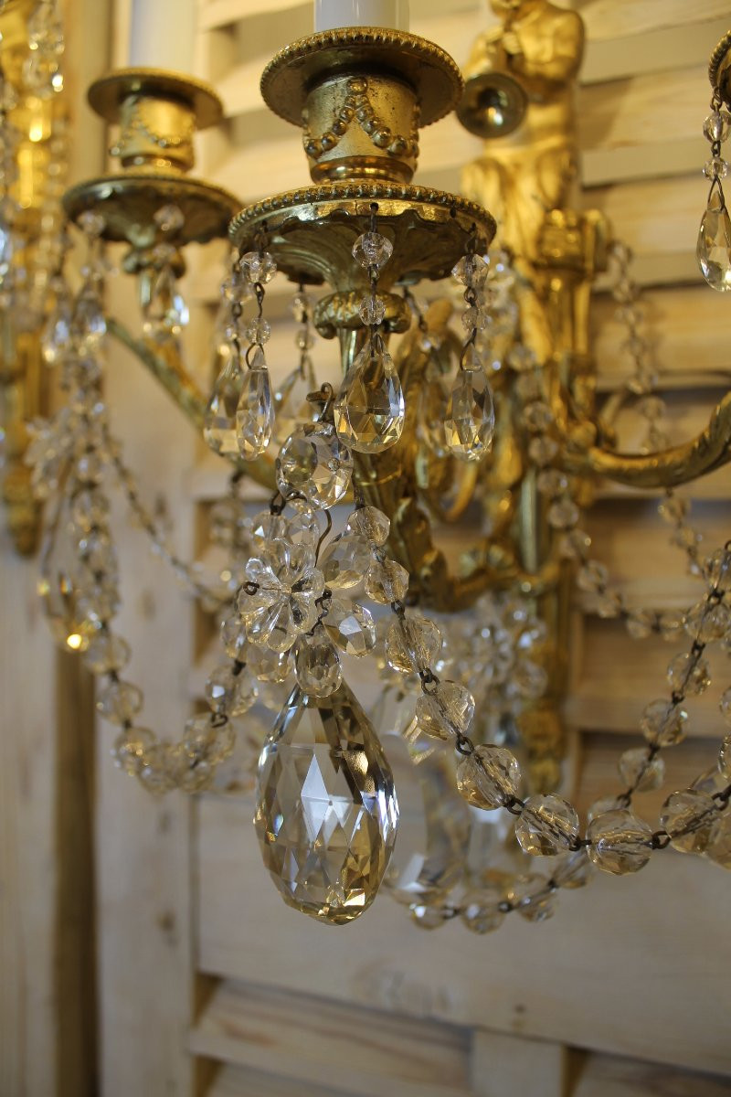 Paire d'appliques au satyre à la trompette en bronze et cristal, époque Napoléon III-photo-4