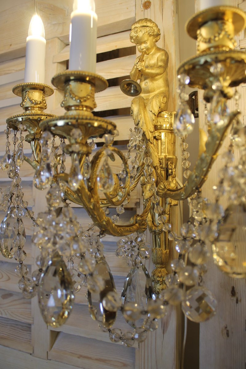 Paire d'appliques au satyre à la trompette en bronze et cristal, époque Napoléon III-photo-6
