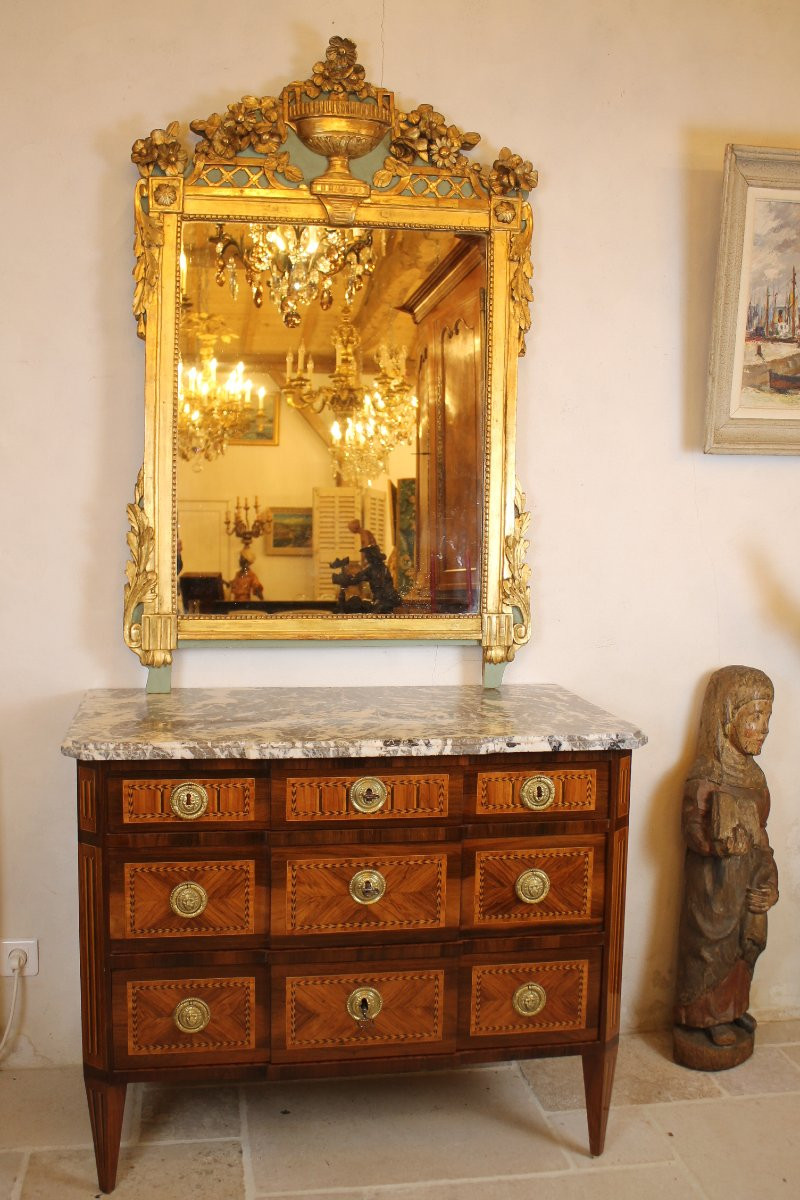 Miroir à fronton en bois sculpté et doré, époque Louis XVI-photo-2