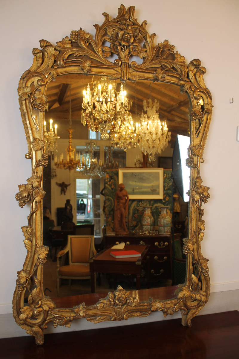 Grand miroir à parecloses en bois doré, époque Louis XV-photo-2