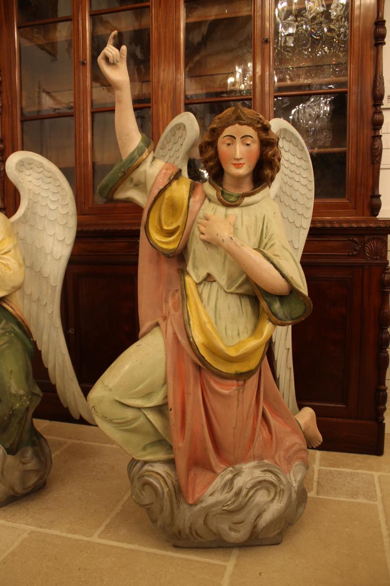 Important Pair Of Angels Carved Polychrome Wood-photo-2