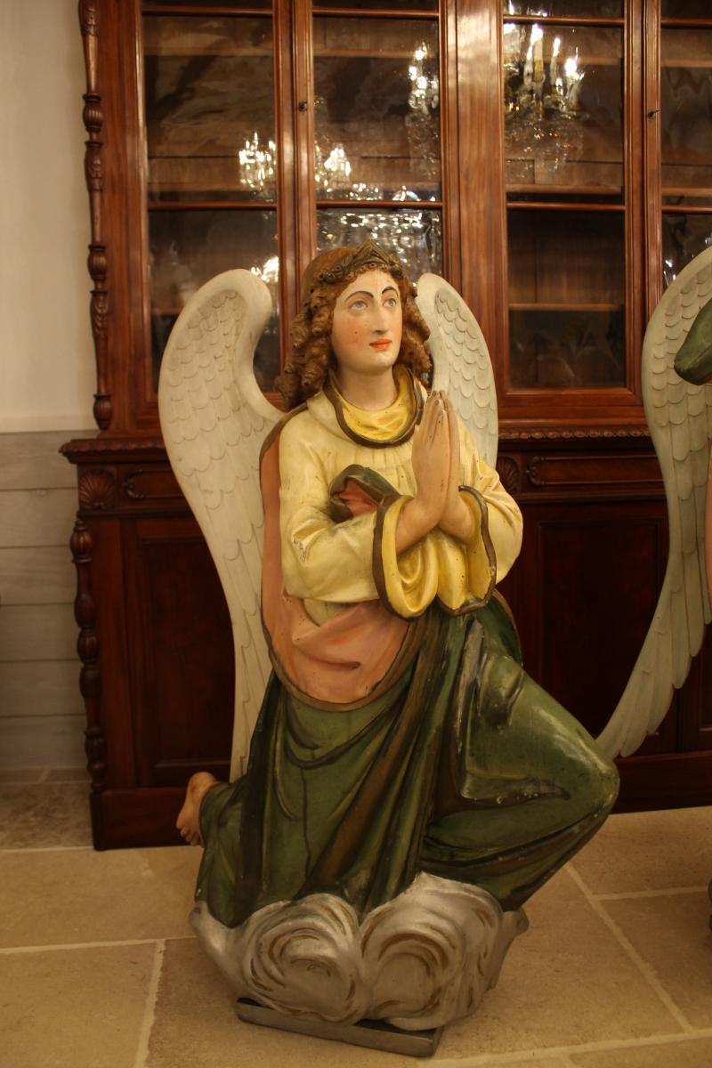 Importante Paire d'Anges En Bois Sculpté Polychrome-photo-3