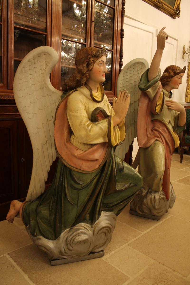 Importante Paire d'Anges En Bois Sculpté Polychrome-photo-4