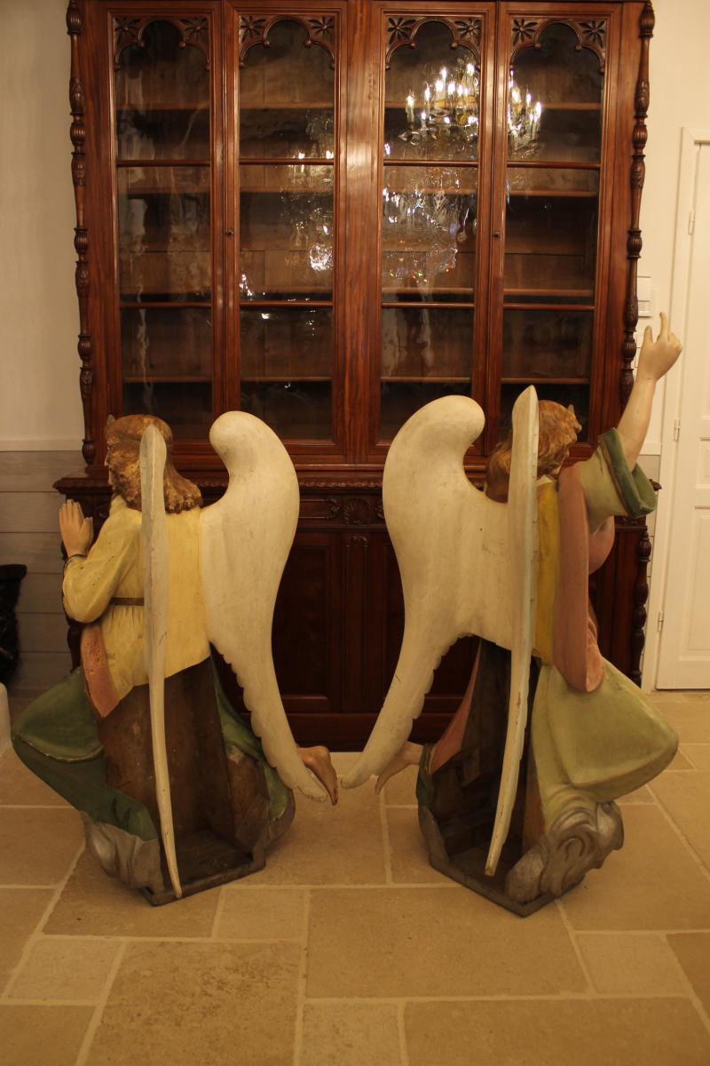 Importante Paire d'Anges En Bois Sculpté Polychrome-photo-4