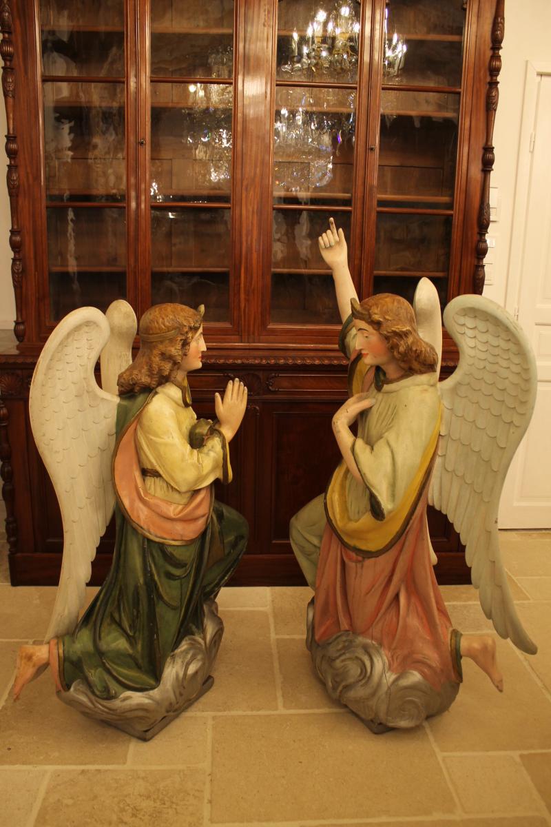 Importante Paire d'Anges En Bois Sculpté Polychrome-photo-6
