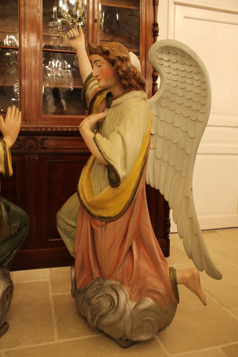 Important Pair Of Angels Carved Polychrome Wood-photo-7