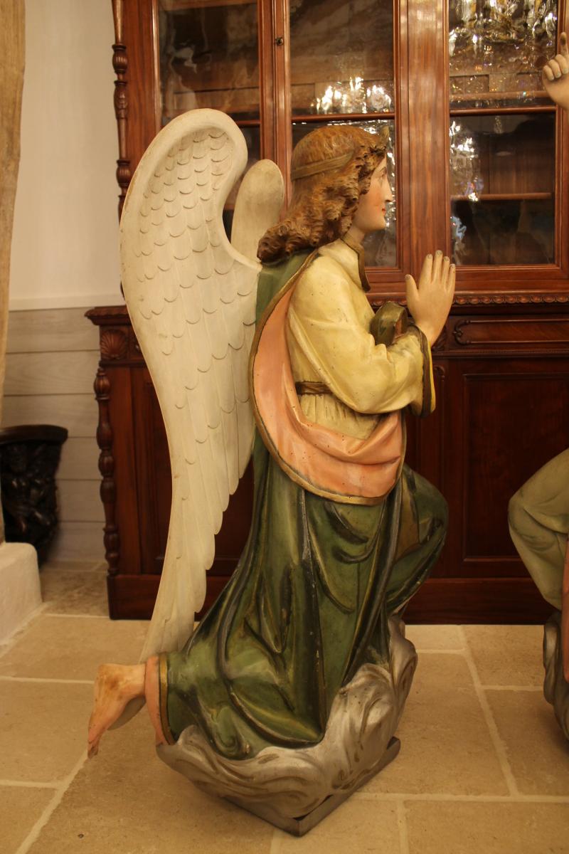 Important Pair Of Angels Carved Polychrome Wood-photo-8