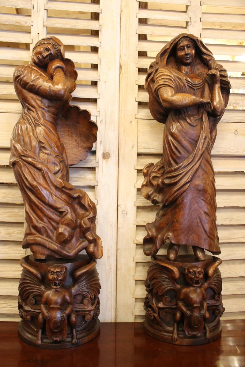 Pair Of Oak Sculptures, Seasons Allegories