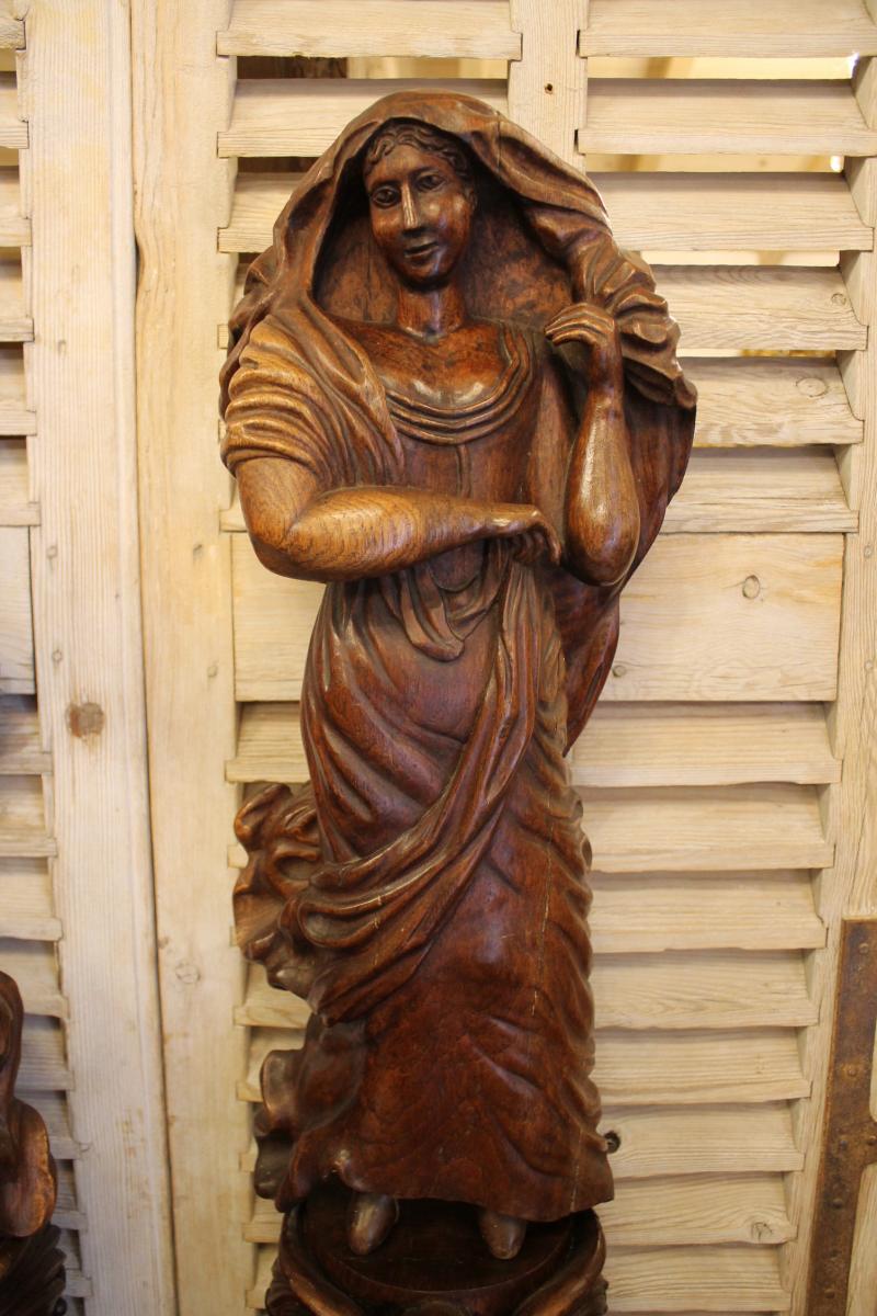 Pair Of Oak Sculptures, Seasons Allegories-photo-2