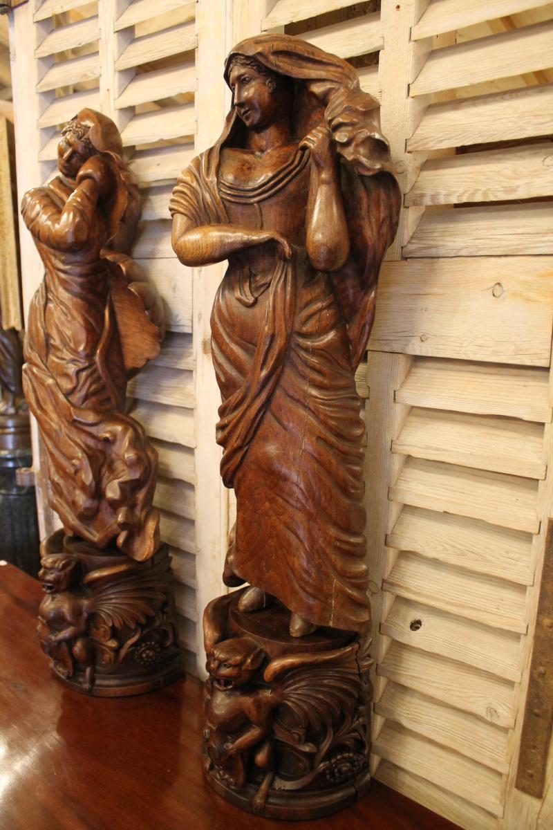 Pair Of Oak Sculptures, Seasons Allegories-photo-3