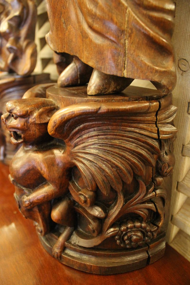 Pair Of Oak Sculptures, Seasons Allegories-photo-5