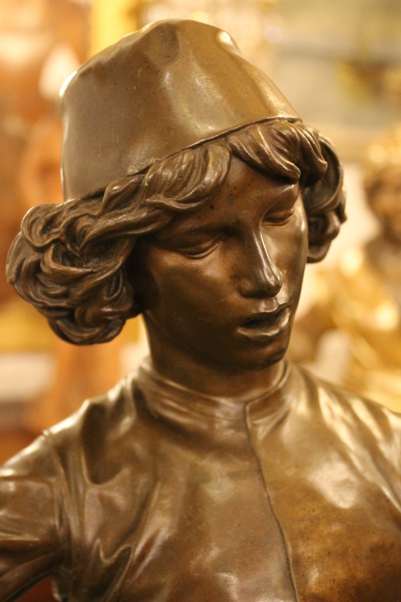The Florentine Singer From XVth Century, Bronze By Paul Dubois (1827-1905)-photo-2