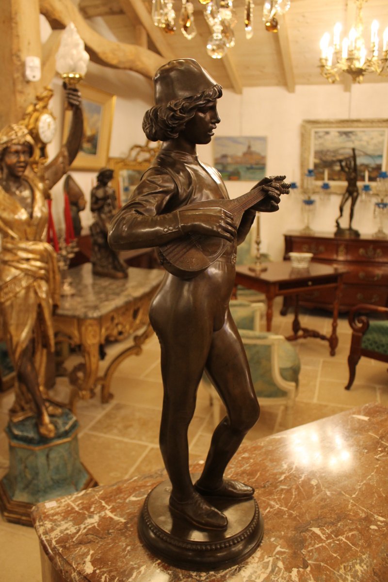 The Florentine Singer From XVth Century, Bronze By Paul Dubois (1827-1905)-photo-3