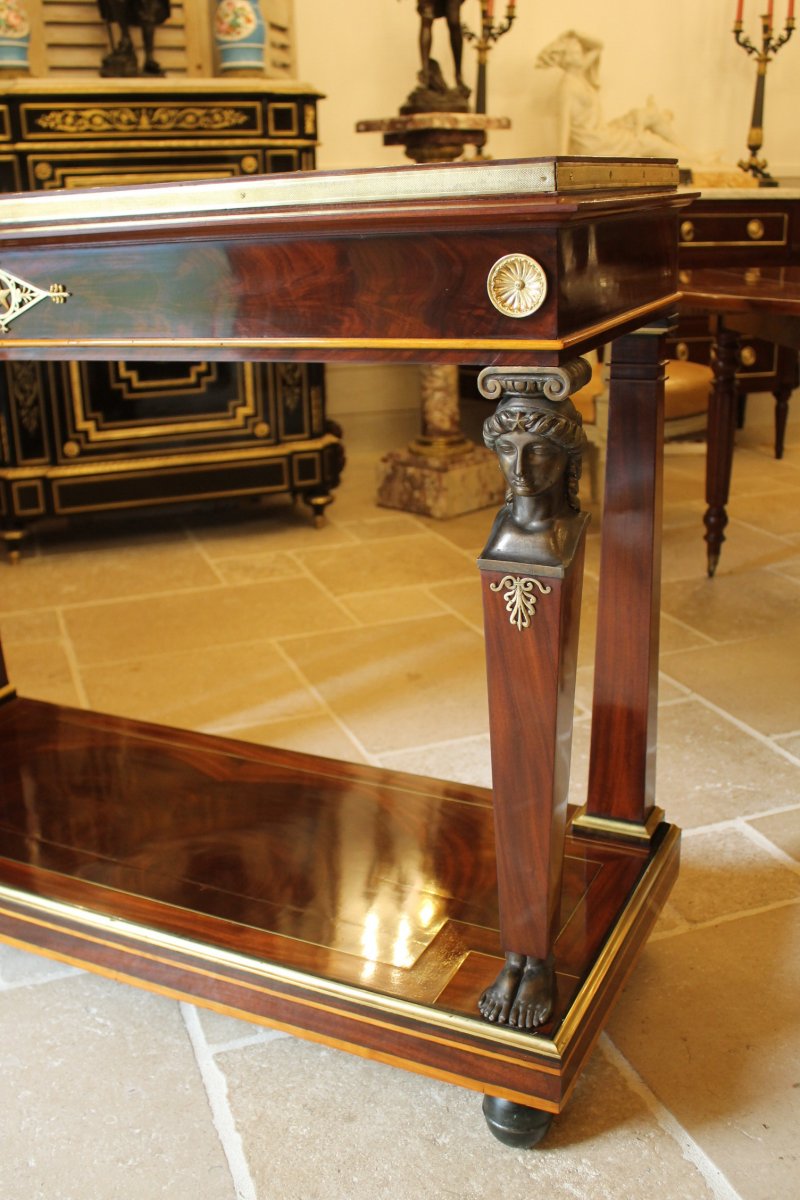 Console With Caryatids In Mahogany And Mahogany Veneer, Empire Period-photo-1