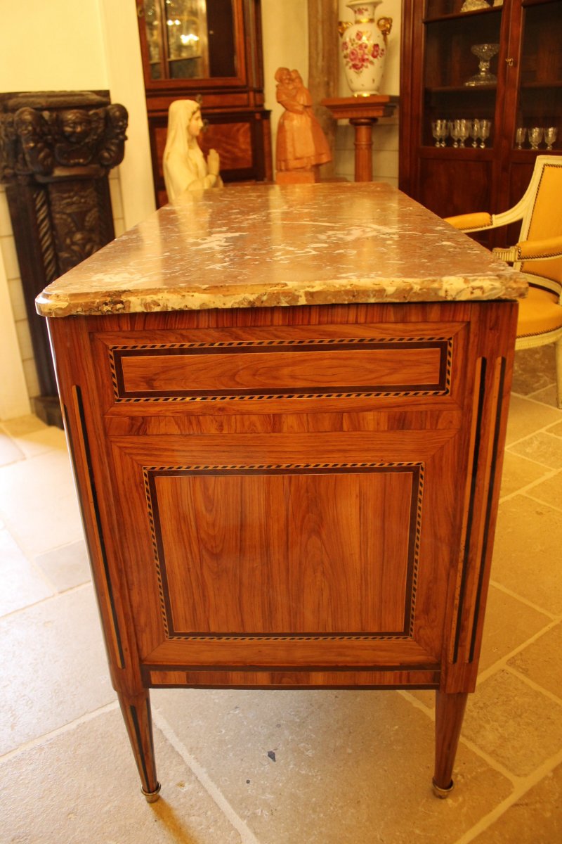 Commode Marquetée à Ressaut, époque Louis XVI-photo-3