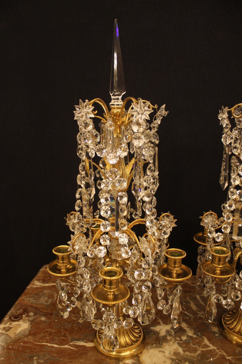 Pair Of Girandoles With Five Lights In Bronze And Baccarat Crystal, Napoleon III Period-photo-3